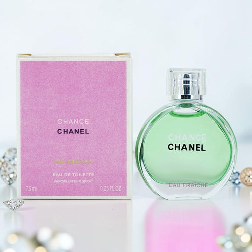 Nevora CHANEL Chance Eau Fraiche eau de toilette spray in a round glass bottle with its pink and white box.