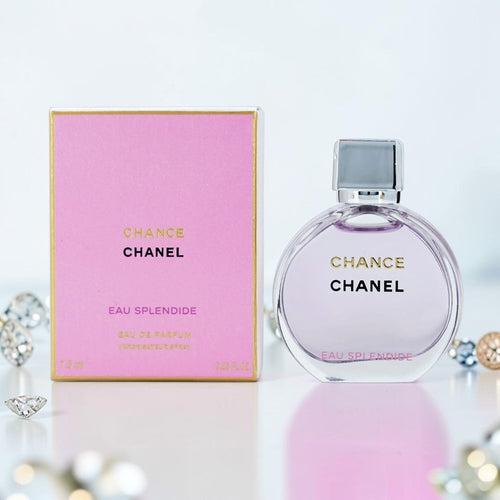 Nevora CHANEL Chance Eau Splendide perfume bottle and pink box on a white surface with decorative crystals.