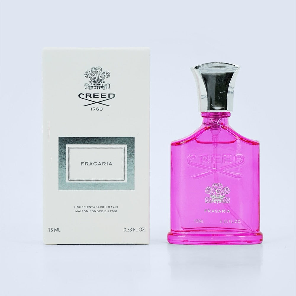 Nevora Creed Fragaria 15ml eau de parfum in a vibrant pink glass bottle with its white signature presentation box.
