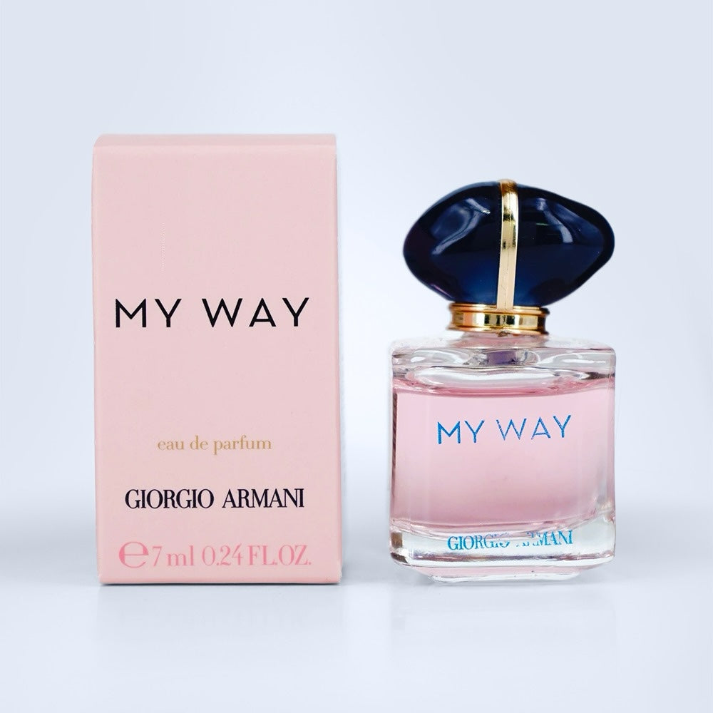 Nevora Giorgio Armani My Way 7ml travel-sized eau de parfum bottle with pink liquid and a blue stone cap next to box