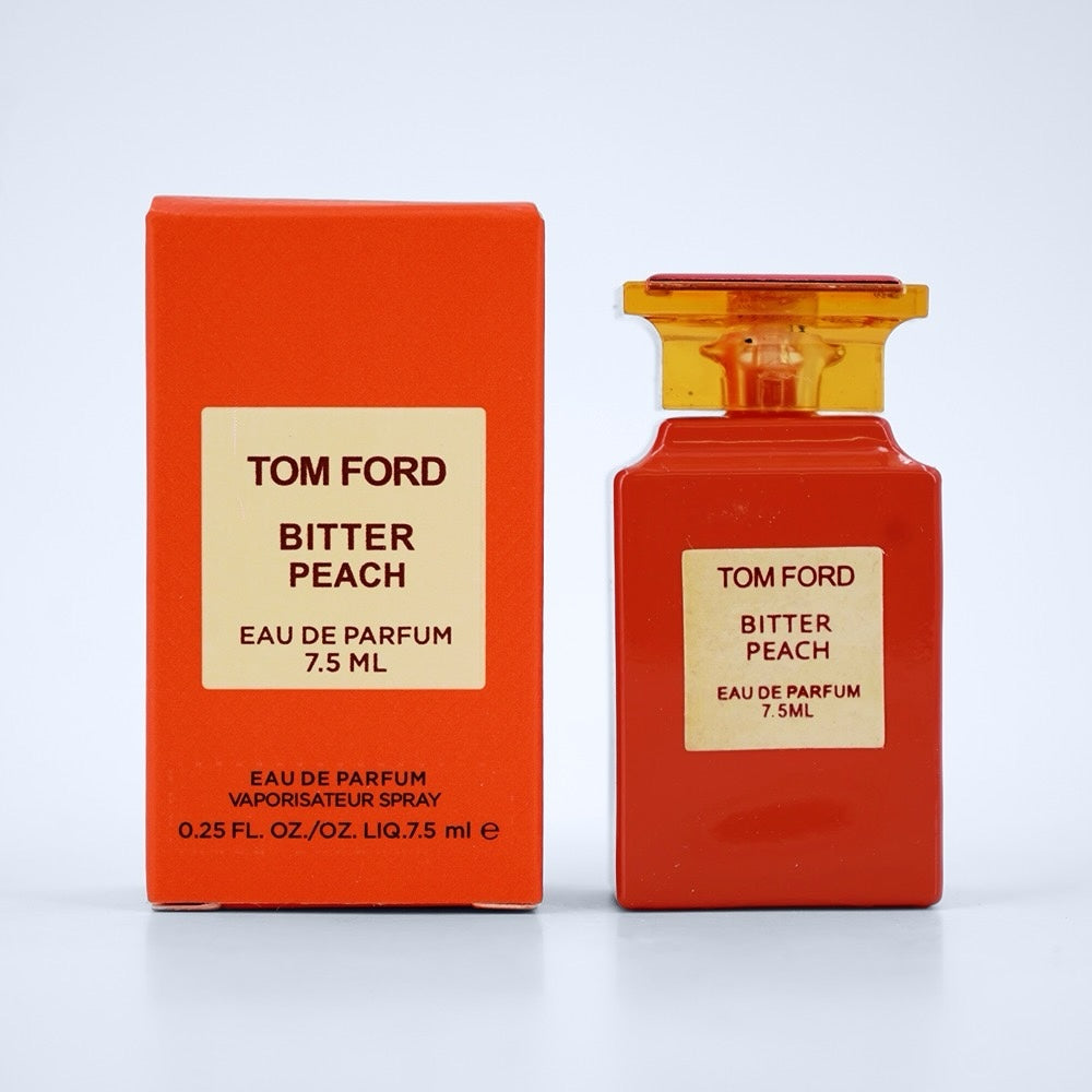 Nevora Tom Ford Bitter Peach 7.5ml travel spray perfume bottle and orange box packaging