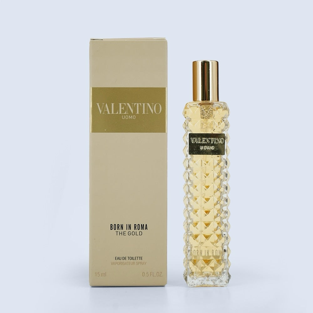 Nevora Valentino Uomo Born In Roma The Gold 15ml travel spray bottle with its matching beige cardboard box